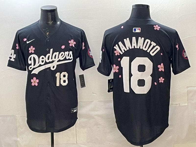 Men 2025 Los Angeles Dodgers #18 Yamamoto Black Sakura Edition Nike MLB Jersey 012